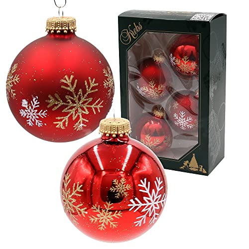 Dekohelden24 Lauschaer Christbaumschmuck - 4er Set Glaskugeln in Rot matt und glänzend, handdekoriert mit Schneeflocken, mit Goldkrönchen, Größe Ø ca. 7 cm von Dekohelden24