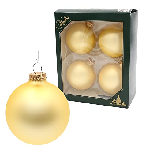 Dekohelden24 Lauschaer Christbaumschmuck - 4er Set Kugeln Uni Satin matt Gold, 8 cm, mit goldenem Krönchen + 50 Schnellaufhänger in Gold von Dekohelden24