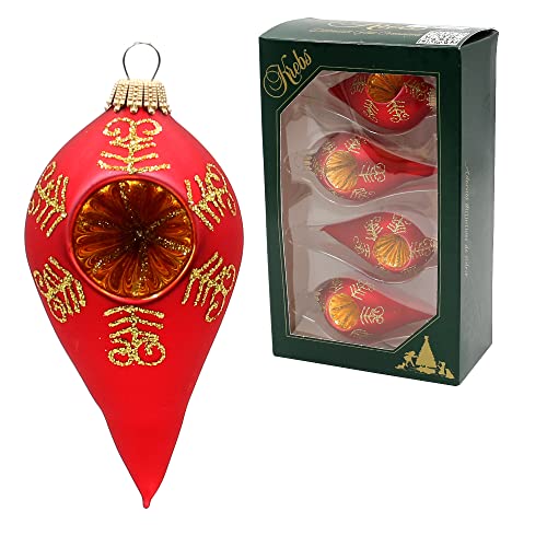 Dekohelden24 Lauschaer Christbaumschmuck-4er Set Reflextropfen Rot mit Glitter-Dekor in Gold, Länge ca. 10 cm, mit Goldkrönchen, Satin, Tropfen von Dekohelden24