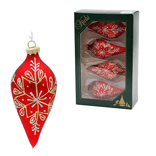 Dekohelden24 Lauschaer Christbaumschmuck-4er Set Rot matt, handdekoriert mit Glitter-Dekor in Gold und Silber, mit Goldkrönchen, Länge ca. 10 cm, Tropfen, 4 von Dekohelden24