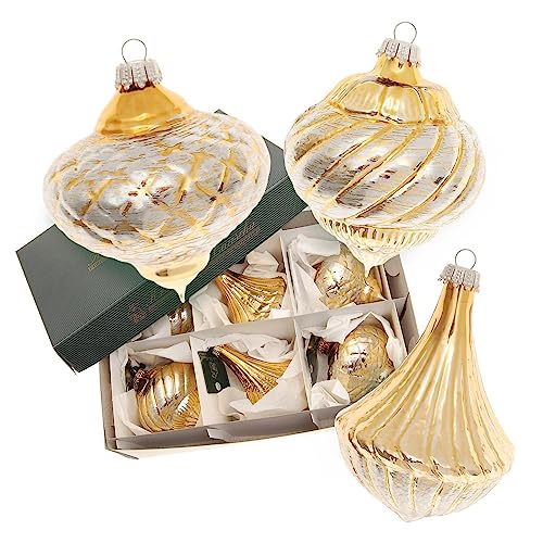 Dekohelden24 Lauschaer Christbaumschmuck - 6er Set Christbaumornamente in Gold/Silber und silbernem Krönchen, Barock Xmas, Größe ca. 8 cm von Dekohelden24