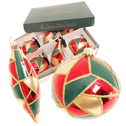 Dekohelden24 Lauschaer Christbaumschmuck - 6er Set Christbaumsortiment in Gold, Rot und Grün mit Gold Glitter und goldenem Krönchen von Dekohelden24