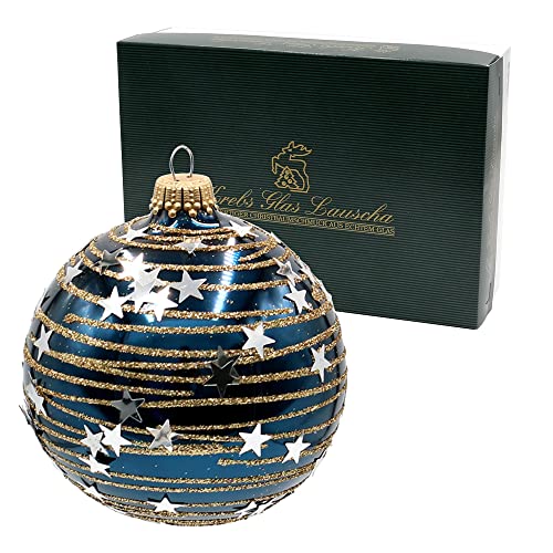 Dekohelden24 Lauschaer Christbaumschmuck - 6er Set Glaskugeln in Kobaltblau, mundgeblasen und handdekoriert mit Sternenhimmel in Gold und Silber, mit Goldkrönchen, Größe Ø ca. 8 cm von Dekohelden24