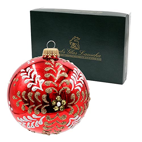 Dekohelden24 Lauschaer Christbaumschmuck - 6er Set Glaskugeln in glänzend Rot, mundgeblasen und handdekoriert in Gold und weiß, mit Goldkrönchen, Größe Ø ca. 8 cm von Dekohelden24