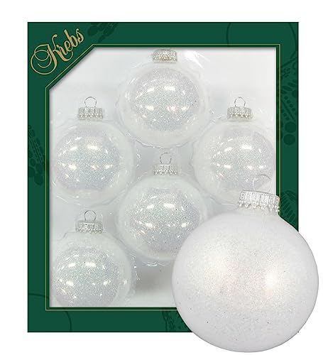 Dekohelden24 Lauschaer Christbaumschmuck - 6er Set Kugeln in Uni Schneeweiß mit Glitterfinish, mit Silberkrönchen, Größe Ø ca. 7 cm von Dekohelden24