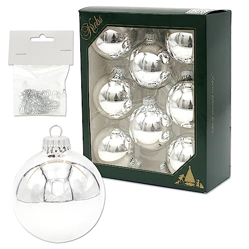 Dekohelden24 Lauschaer Christbaumschmuck - 8er Set Kugeln Uni Silber glänzend, 6,7 cm, mit silbernem Krönchen + 50 Schnellaufhänger in Silber GRATIS zu Ihrer Bestellung dazu ! von Dekohelden24