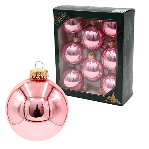 Dekohelden24 Lauschaer Christbaumschmuck - 8er Set Kugeln Uni glänzend Altrosa, 7 cm, mit goldenem Krönchen + 50 Schnellaufhänger dazu von Dekohelden24