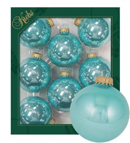 Dekohelden24 Lauschaer Christbaumschmuck - 8er Set Kugeln Uni glänzend aquamarin, 6,7 cm, mit goldenem Krönchen + 50 Schnellaufhänger dazu von Dekohelden24