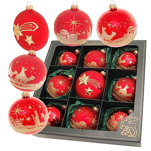 Dekohelden24 Lauschaer Christbaumschmuck - 9er Set Glaskugeln in Rot und Gold, mundgeblasen und handdekoriert mit versch. Motiven, mit Goldkrönchen, Größe Ø ca. 8 cm von Dekohelden24