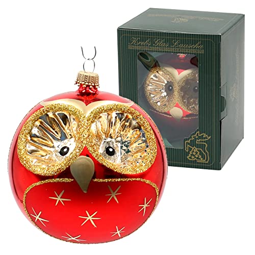 Dekohelden24 Lauschaer Christbaumschmuck - Christbaumkugel in Rot als Eule, mundgeblasen und handdekoriert, mit Goldkrönchen, Größe Ø ca. 8 cm von Dekohelden24