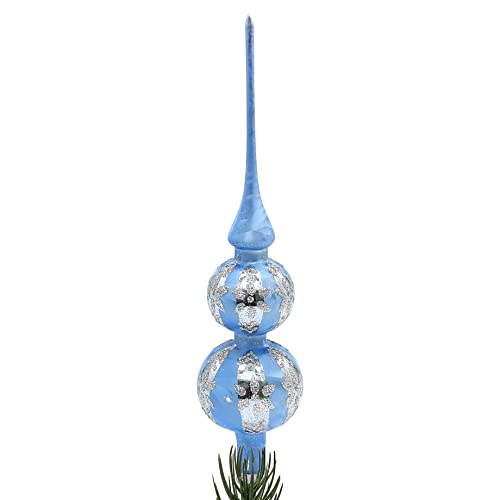 Lauschaer Christbaumschmuck - Christbaumspitze Helllau Eislack mit Glitter Dekor in Silber, Blume, Länge ca. 30 cm von Dekohelden24