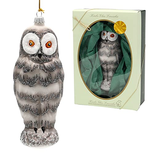 Dekohelden24 Lauschaer Christbaumschmuck Limitierte Auflage freigeblasene Schneeeulenfigur, handdekoriert, 17 cm hoch von Dekohelden24