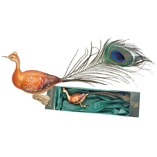 Dekohelden24 Lauschaer Christbaumschmuck - Pfau in orange - braun mit Feder auf Clip, mundgeblasen und handdekoriert, ca. 28 x 4 x 9 cm von Dekohelden24