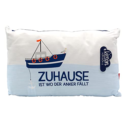 Dekohelden24 Maritim Kissen mit Bezug aus 100% Baumwolle, L/B/H: 40 x 13 x 23 cm. Motiv: Zuhause ist wo der Anker fällt, 396821 von Dekohelden24