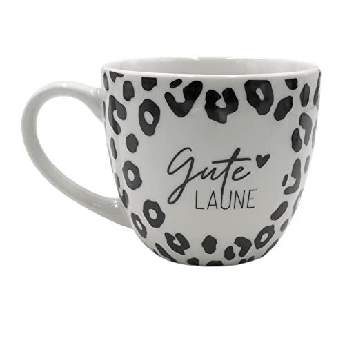 Dekohelden24 Maxi-XXL Kaffeebecher/Tasse aus Porzellan, schwarz-weiß Muster, Motiv: Gute Laune, Größe H/Ø: 9,2 x 10,5 cm, Fassungsvermögen 400 ml, Spülmaschinengeeignet, Leo-Print, 9,2 cm von Dekohelden24