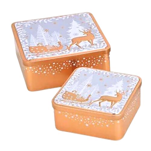 Dekohelden24 Metall - Blech-Dosen 2er Set mit 3D Winterwald -, in Gold, L/B/H 19 x 19 x 8 cm und 15 x 15 x 7 cm von Dekohelden24