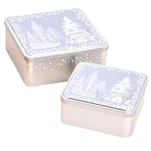 Dekohelden24 Metall - Blech-Dosen 2er Set mit 3D Winterwald -, in Silber, L/B/H 19 x 19 x 8 cm und 15 x 15 x 7 cm von Dekohelden24