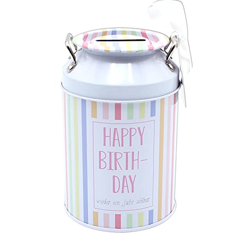 Metall Spardose - Milchkännchen - Motiv: Happy Birthday, mit Spruch, Maße L/B/H: ca. 12 x 8 x 12 cm von Dekohelden24