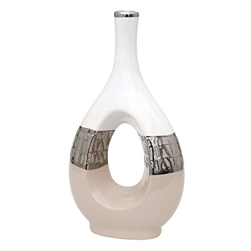 Dekohelden24 Moderne Deko Designer Keramik Vase oval mit Loch in Cappuccino/Silber/weiß. Maße L/B/H: 18 x 9 x 33,5 cm., 213103, Vase 33,5 cm von Dekohelden24