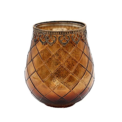 Dekohelden24 Orientalisches Windlicht - Teelichthalter - Kerzenhalter aus Glas in braun, mit Metallrand, L/B/H 13 x 13 x 14 cm von Dekohelden24