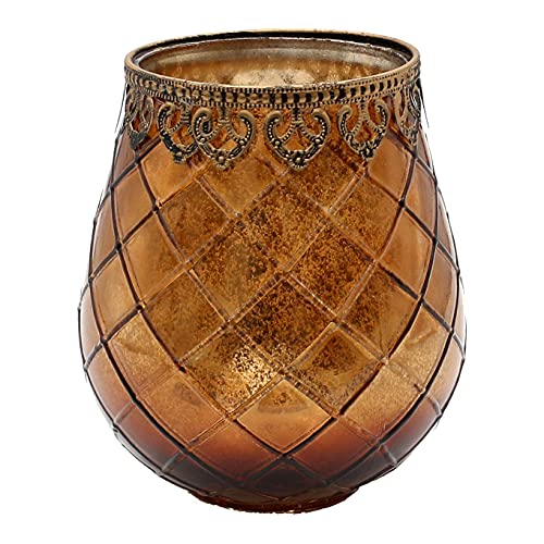 Dekohelden24 Orientalisches Windlicht - Teelichthalter - Kerzenhalter aus Glas in braun, mit Metallrand, L/B/H 15 x 15 x 18 cm von Dekohelden24