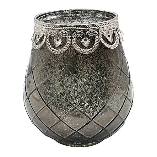 Dekohelden24 Orientalisches Windlicht - Teelichthalter - Kerzenhalter aus Glas in grau, mit Metallrand, L/B/H 16 x 16 x 19 cm Ø16 cm von Dekohelden24