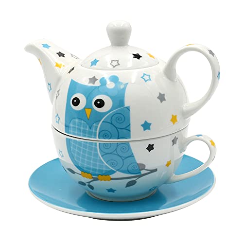Dekohelden24 Porzellan Teekannen-Set/Tea for one mit Eule in weiß/blau, 3-teilig, L/B/H 16 x 14 x 10 cm, Fassungsvermögen Kanne-Tasse 400-200 ml, 10 cm von Dekohelden24