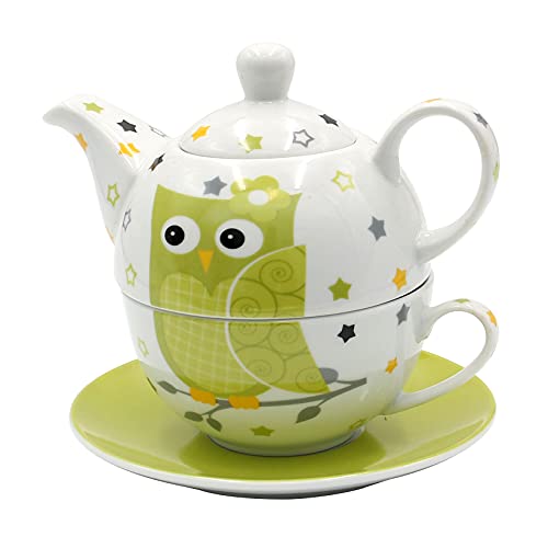 Dekohelden24 Porzellan Teekannen-Set/Tea for one mit Eule in weiß/grün, 3-teilig, L/B/H 16 x 14 x 10 cm, Fassungsvermögen Kanne - Tasse 400-200 ml von Dekohelden24