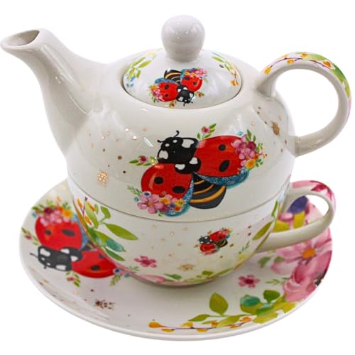 Dekohelden24 Porzellan Teekannen-Set/Teeset/Tea for one mit Käfer in bunt 3-teilig, L/B/H 17 x 14 x 17 cm, Fassungsvermögen Kanne - Tasse 400-300 ml von Dekohelden24
