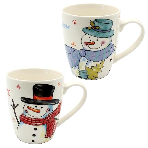 Dekohelden24 Porzellan Weihnachts-Tassen/Becher in Weiß - Schneemänner mit Hut - als 2er Set, Größe H/Ø ca. 10 x 8 cm, Fassungsvermögen ca. 300 ml, spülmaschinenfest von Dekohelden24