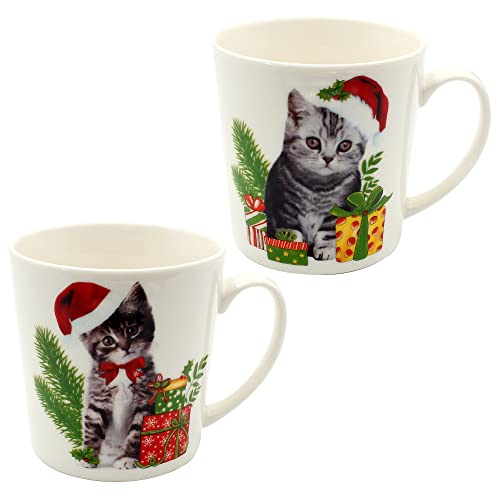 Dekohelden24 Porzellan Weihnachts-Tassen/Jumbo - Becher - Weihnachtskatzen - als 2er Set, Größe H/Ø ca. 10 x 9,5 cm, Fassungsvermögen ca. 480 ml, spülmaschinenfest von Dekohelden24
