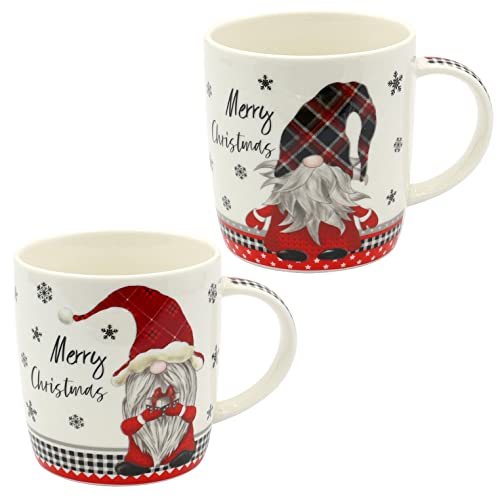 Dekohelden24 Porzellan Weihnachts-Tassen -Merry Christmas Wichtel - als 2er Set, L/B/H 8 x 12 x 10 cm, Fassungsvermögen 340 ml. von Dekohelden24