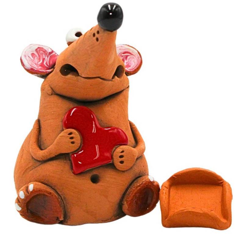 Dekohelden24 Räuchermännchen Handgemachte Keramik, Keramikmaus mit rotem Herz als Räucherfigur, 10cm. von Dekohelden24