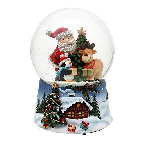 Dekohelden24 Schneekugel Santa mit Rentier und Pinguin blauem Sockel mit Weihnachtliche Winterlandschaft und Spielwerk, Melodie: White Christmas von Dekohelden24