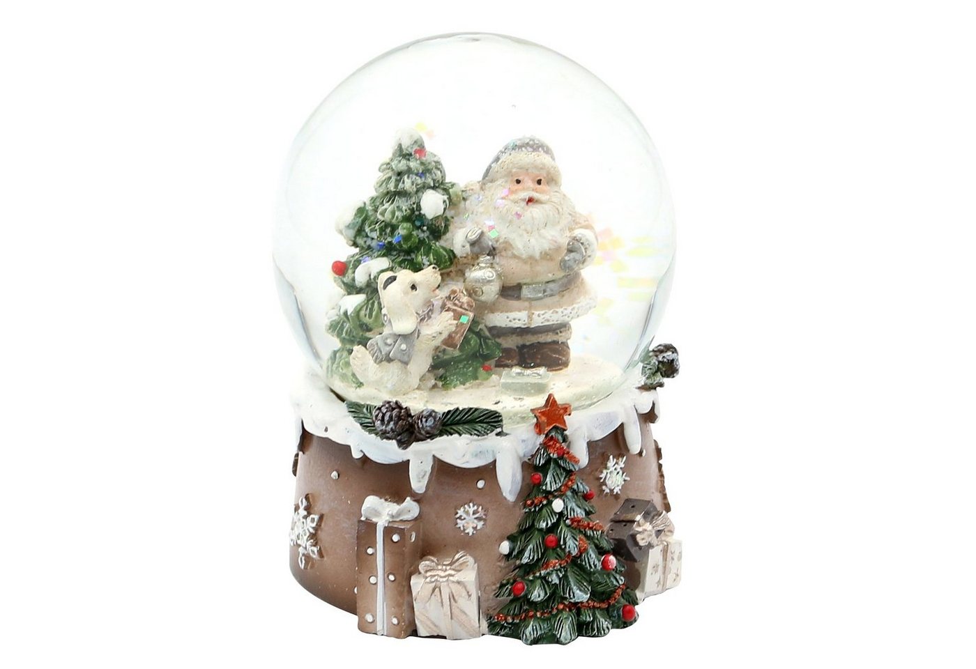 Dekohelden24 Schneekugel Schneekugel Weihnachtsmann mit Tannenbaum und Hund auf aufwendig verzi (1 St) von Dekohelden24