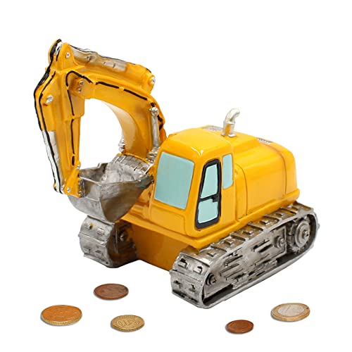 Dekohelden24 Spardose als Bagger aus Poly - Sparauto - Sparbüchse in gelb mit Kunststoffverschluss, Größe L/B/H: ca. 17 x 11 x 16 cm von Dekohelden24