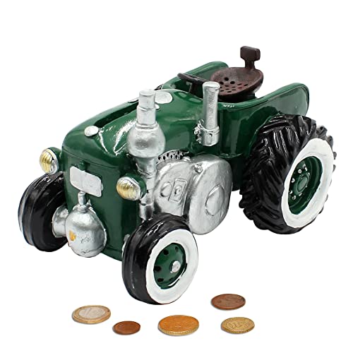 Dekohelden24 Spardose als Traktor aus Poly - Sparauto - Sparbüchse in grün mit Gummiverschluss, Größe L/B/H: ca. 16 x 11 x 11 cm von Dekohelden24