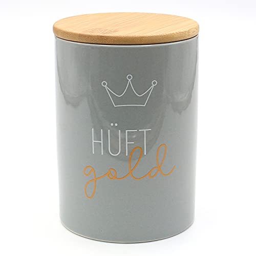 Dekohelden24 Stilvolle Aufbewahrungsdose/Kaffeedose/Frischhaltedose/Gebäckdose in grau. Motiv: Hüftgold. Größe 15,6 x 11 cm. von Dekohelden24