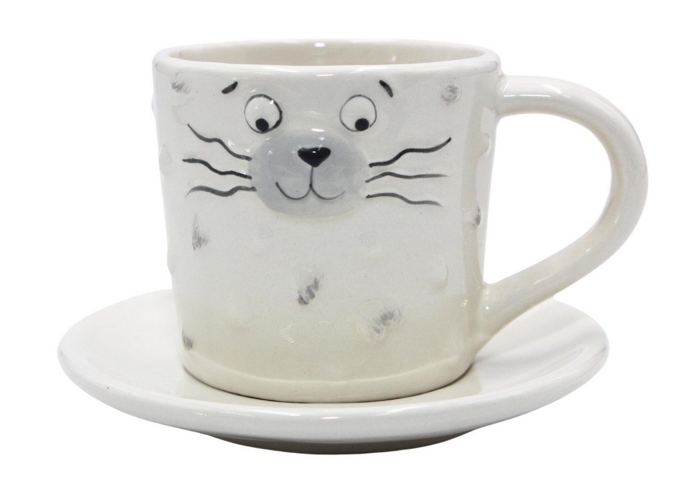 Dekohelden24 Tasse Porzellan Kaffeebecher, Tasse mit Untertasse/Teller mit Katzengesicht, Porzellan von Dekohelden24