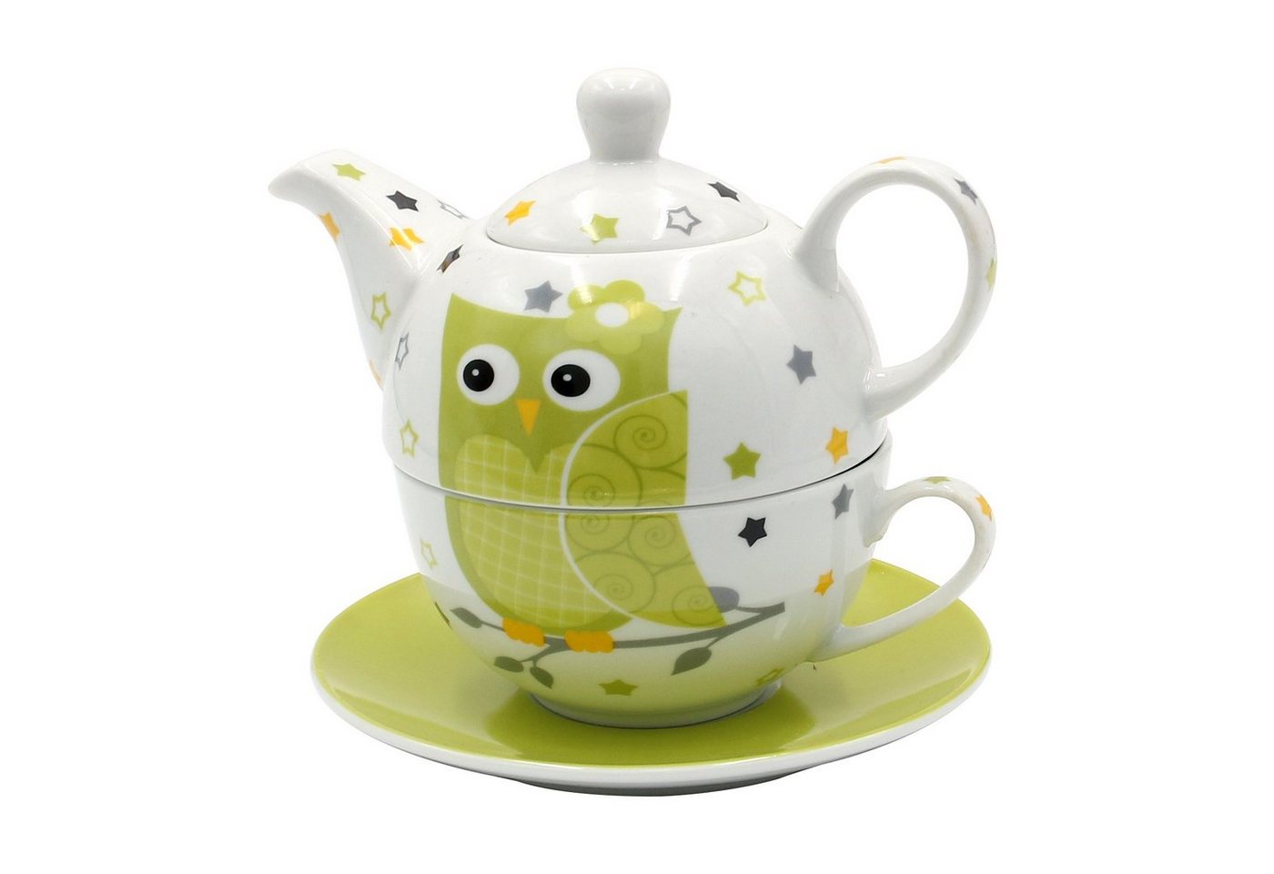 Dekohelden24 Teekanne Porzellan Teekannen-Set / Tea for one mit Eule, 3-teilig, L/B/H 16 x, (Set, 1-St) von Dekohelden24