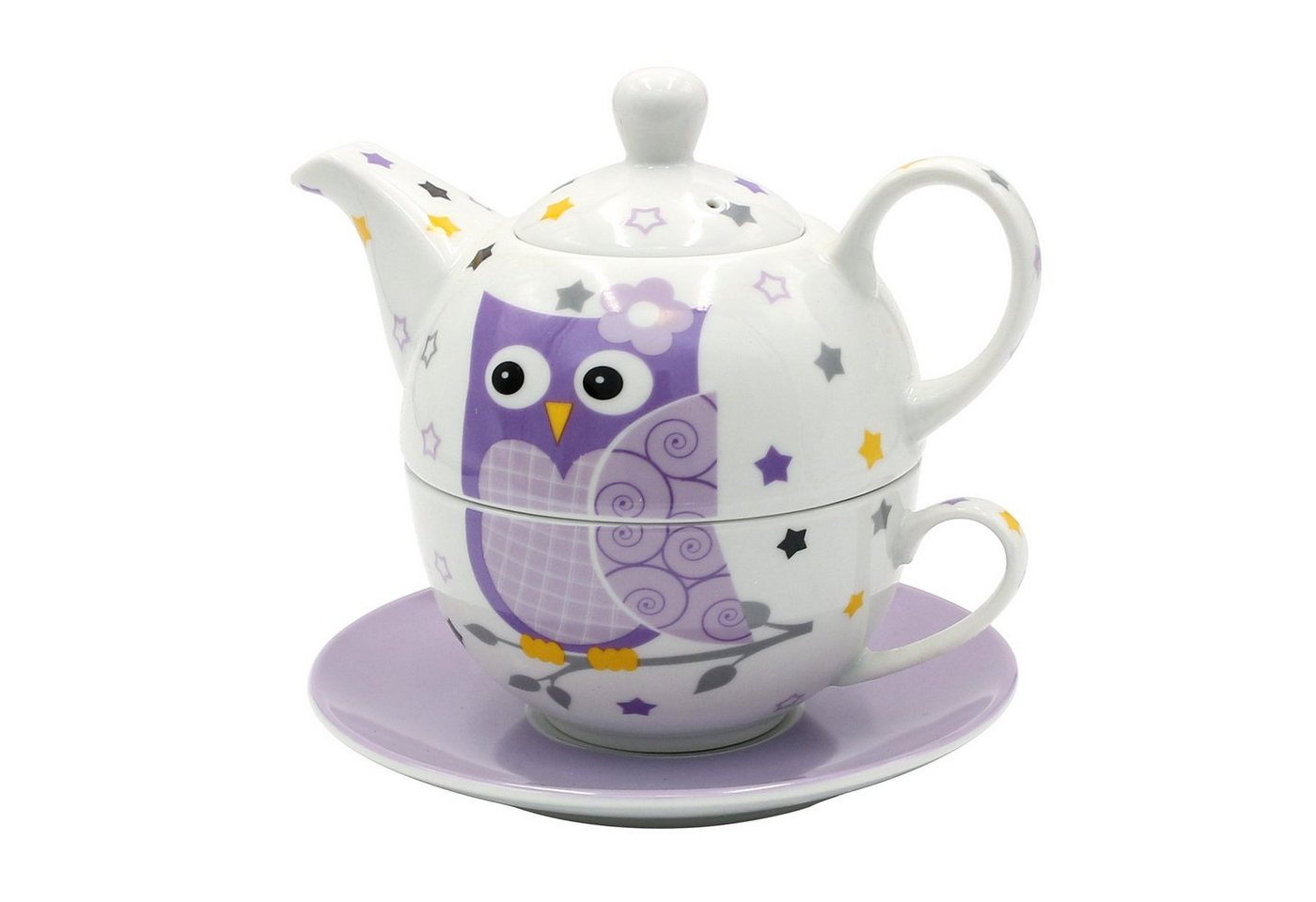 Dekohelden24 Teekanne Porzellan Teekannen-Set / Tea for one mit Eule, 3-teilig, L/B/H 16 x, (Set, 1-St) von Dekohelden24