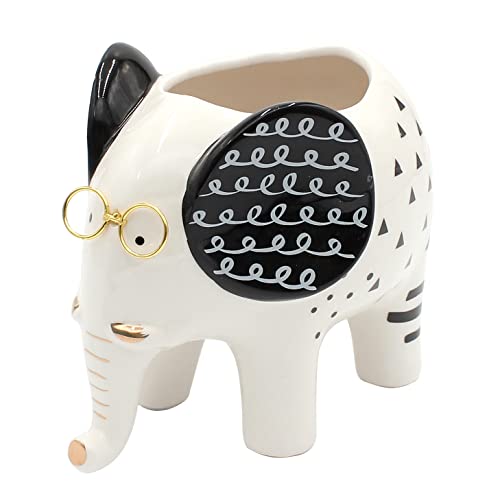 Dekohelden24 Übertopf Pflanztopf aus Keramik Motiv: Elefant mit Brille - Maße L/B/H: ca. 15 x 10 x 14 cm von Dekohelden24