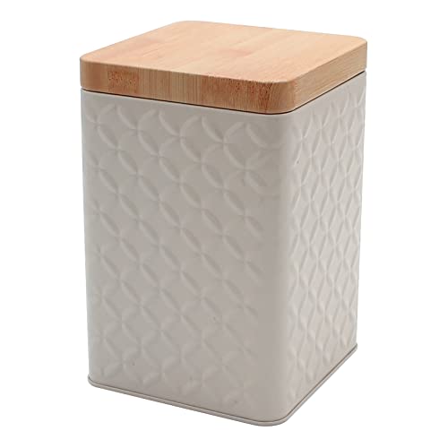 Dekohelden24 Vorratsdose/Keksdose aus Metall in grau, Deckel in Holzoptik, Größe L/B/H: ca. 16 x 10,5 x 16 cm von Dekohelden24