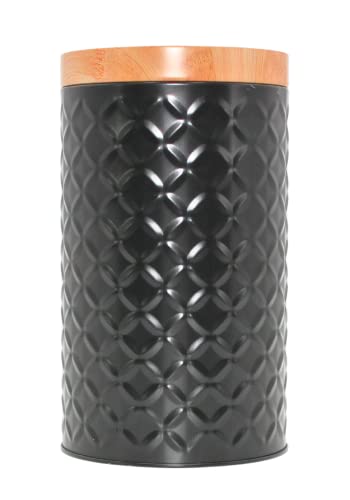 Dekohelden24 Vorratsdose/Keksdose aus Metall in schwarz, Deckel in Holzoptik und geprägtem Muster, Größe H/Ø: ca. 18,5 x 10,5 cm von Dekohelden24