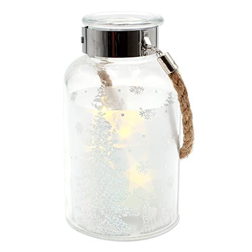 Windlicht zum Aufhängen mit integrierter 5er LED Lichterkette, Transparent mit silbernem Motiv - Winterwald -, Größe H/Ø: ca. 15 x 10 cm von Dekohelden24