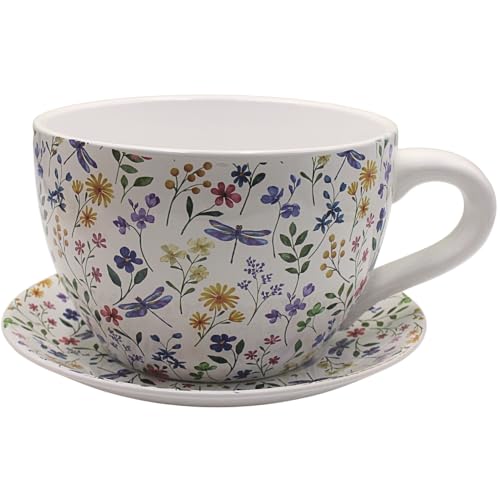 Dekohelden24 XXL Blumentopf, Pflanztasse, Pflanzkübel, Pflanzgefäß, Blumenkübel, Pflanztopf. Übertopf als Tasse mit Griff aus Keramik, Motiv: Bunte Blumen, L/B/H 34 x 28 x16 cm. von Dekohelden24