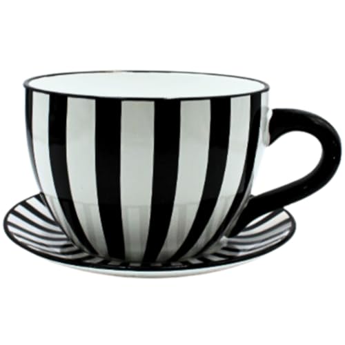 Dekohelden24 XXL Blumentopf, Pflanztasse, Pflanzkübel, Pflanzgefäß, Blumenkübel, Pflanztopf. Übertopf als Tasse mit Griff aus Keramik, Motiv: Schwarz-Weiß-Gestreift, L/B/H 34 x 28 x16 cm. von Dekohelden24