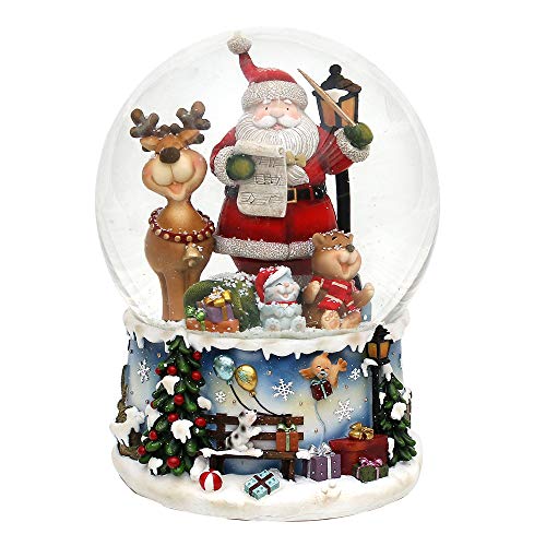 Dekohelden24 XXL Schneekugel, lustigem, Spielwerk, Melodie: Rudolph The red-Nosed Reindeer, Maße L/B/H: 15 x 15 x 20 cm Kugel Ø 15 cm, Santa mit Elch von Dekohelden24