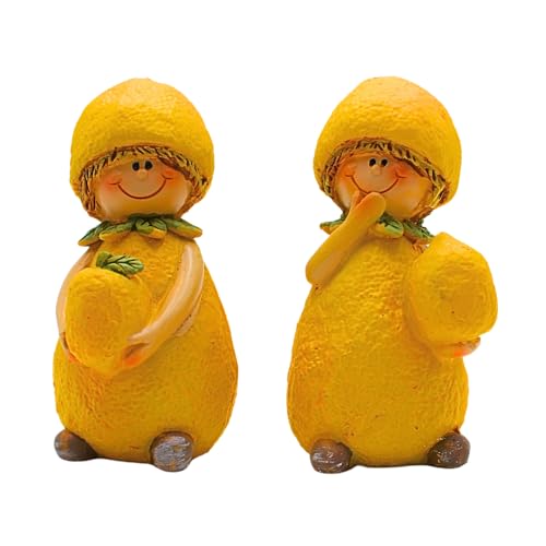 2 Stück große Dekofiguren, Gartenfiguren als Zitrone, Früchtefiguren als Zitrone, Sommerfiguren, Zitronenfiguren, Zitronenkinder aus Keramik im 2er Set in Gelb, Größe Einer Figur: L/B/H 6 x 6 x 10 cm von Dekohelden24