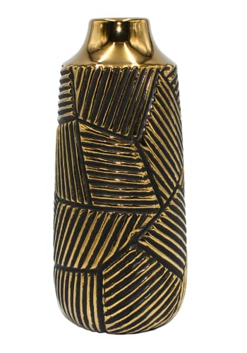 Edle hochwertige Keramik Vase in Gold-schwarz, konisch, gestreift, Größe: H/Ø ca. 30 x 11 cm von Dekohelden24